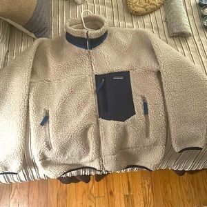 Patagonia Men's Classic Retro-X Deep Pile Fleece Jacket Small Oatmeal / Blue